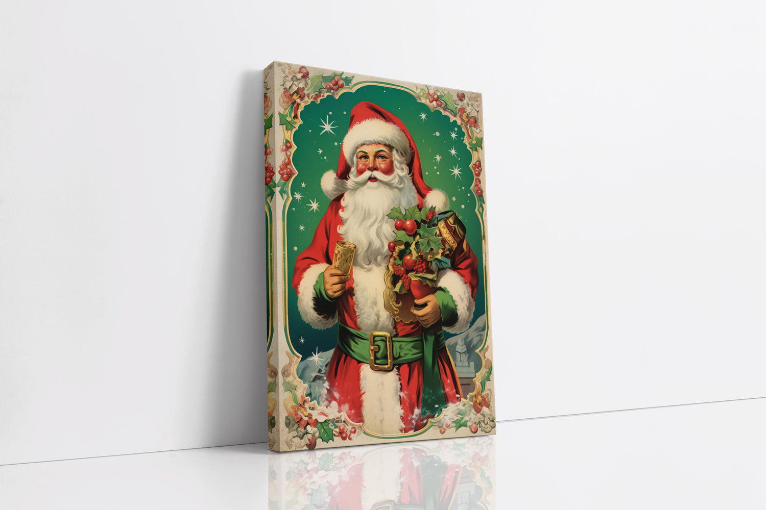 Vintage Holly Bordered Santa Card